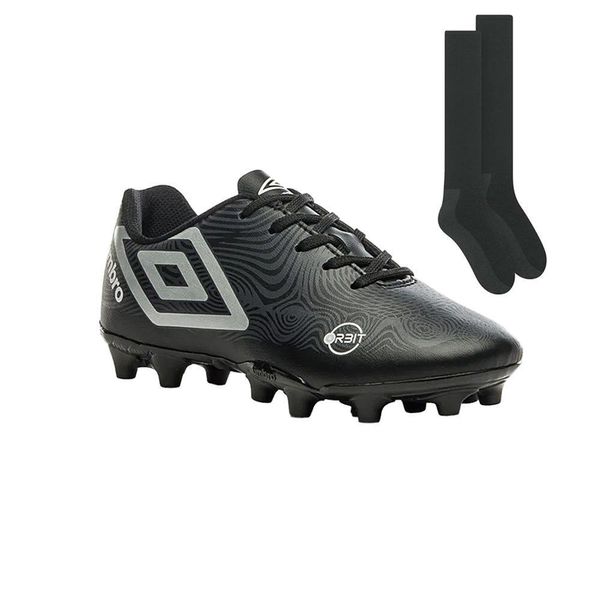 Kit Chuteira Campo Umbro Orbit Infantil + Meião 34 / Preto e cinza