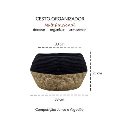 Cesto Organizador Cesta Junco Palha Algodao Preto Bege 38cm