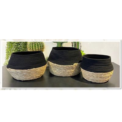 Cesto Organizador Cesta Junco Palha Algodao Preto Bege 38cm
