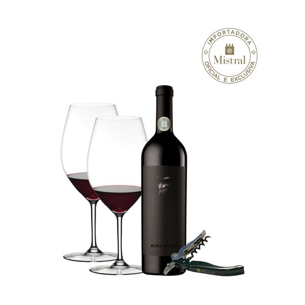 Kit Alma Negra + Taças Riedel Ouverture Double Magnum e Saca Rolhas