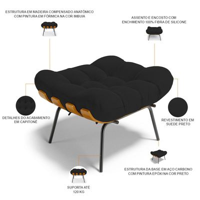 Puff Decorativo Sala de Estar Costela L02 Suede Preto - Lyam Decor