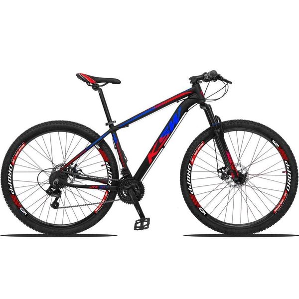 Bicicleta Aro 29 Ksw 27 Marchas Shimano, Freio Hidraulico-k7 - Preto-azul E Vermelho - 19