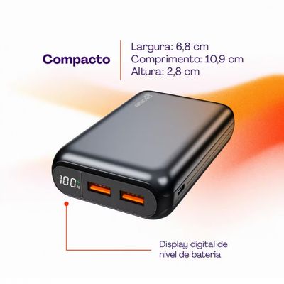 Carregador Portátil Geonav PB20K20WSG 20000 mAh com USB-A e USB-C para Celulares e Dispositivos Eletrônicos Cinza