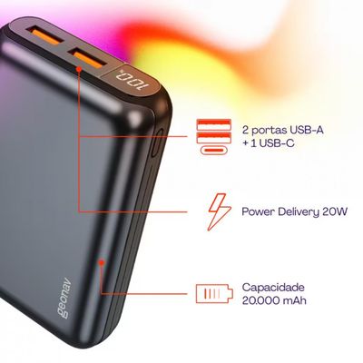 Carregador Portátil Geonav PB20K20WSG 20000 mAh com USB-A e USB-C para Celulares e Dispositivos Eletrônicos Cinza
