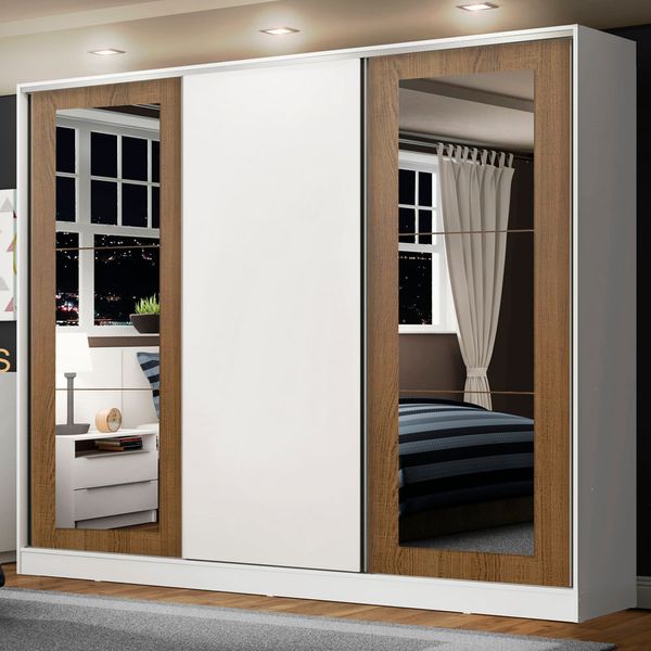 Guarda-Roupa Casal 100% MDF Madesa Eros 3 Portas de Correr com Espelhos Branco/Rustic/Branco Cor:Branco/Rustic/Branco