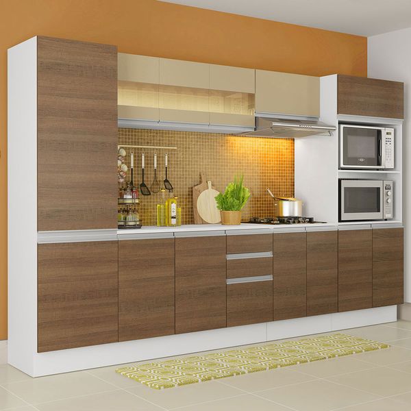 Cozinha Completa 100% MDF Madesa Smart 300 cm Modulada Com Armário, Balcão e Tampo Branco/Rustic/Crema Cor:Branco/Rustic/Crema