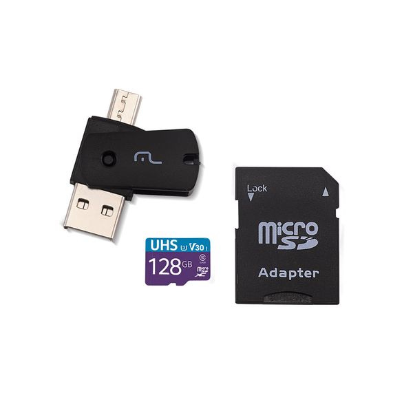 Kit 4 em 1 Cartão De Memória Ultra High Speed-I U3 + Adaptador USB Dual Drive + Adaptador SD 128GB até 90 Mb/S De Velocidade Multilaser - MC153 MC153