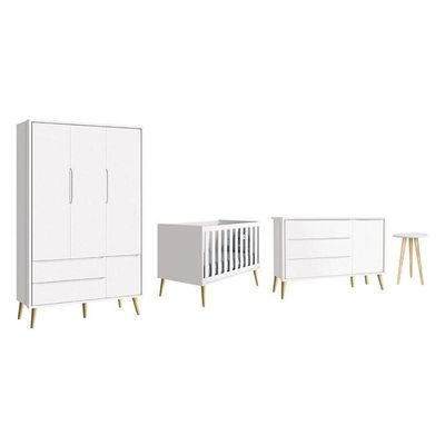 Dormitório Theo 3 Portas E Mesa De Canto Branco Com Pés Madeira Natural - Reller Móveis Branco