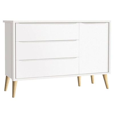 Dormitório Theo 3 Portas E Mesa De Canto Branco Com Pés Madeira Natural - Reller Móveis Branco