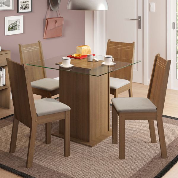 Conjunto Sala de Jantar Madesa Lucy Mesa Tampo de Vidro com 4 Cadeiras Rustic/Pérola Cor:Rustic/Pérola