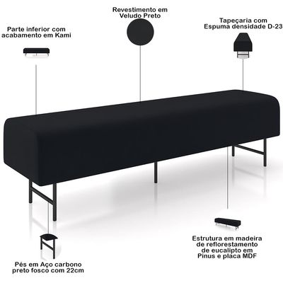 Puff Recamier Decorativo com Pés Industrial 160cm Novara P05 Veludo Preto - Lyam Decor