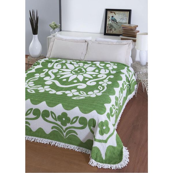 Colcha Casal Chenille Canelada Flórida Verde Branco Jolitex