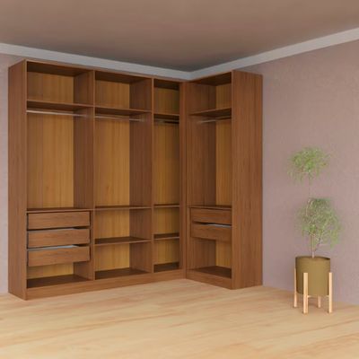 Guarda-roupa Modulado Canto Reto Bartira Lugano 7 Portas, 5 Gavetas e 10 Prateleiras com 3 Peças Avelã/Cappuccino
