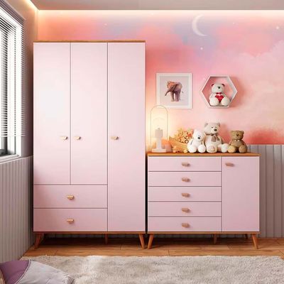Guarda Roupa Infantil Ternura com 3 Portas, 2 Gavetas e 5 Nichos Bartira Rosa Wood