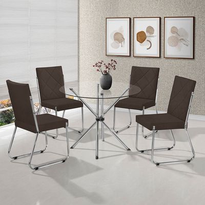 Mesa de Jantar Aço Nobre Leticia com Tampo de Vidro e 4 Cadeiras Liz com Assento Estofado Revestido em Suede Chocolate