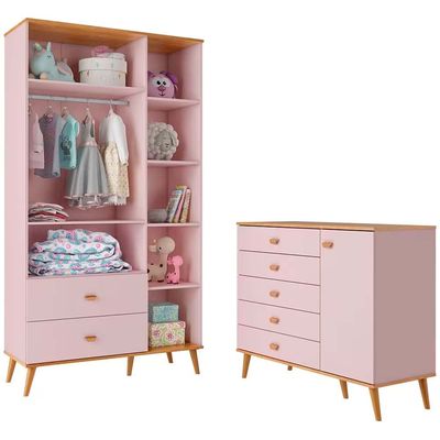 Guarda Roupa Infantil Ternura com 5 Nichos, 2 Portas, 2 Gavetas Bartira Rosa Wood