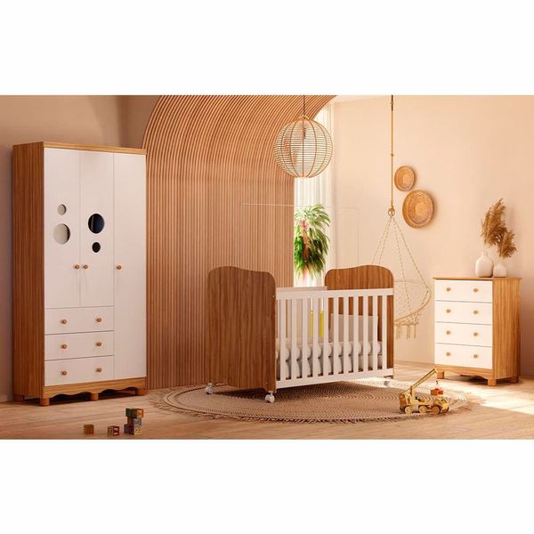 Guarda-Roupa Infantil Peroba Duda Plus com 92 cm de largura + Cômoda com 1 Porta, 4 Gavetas, 1 Prateleira com 65,1 cm de largura + Berço Branco com Amêndoa