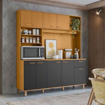 Cozinha Compacta Poliman Nuria com 9 Portas, 1 Gaveta e 4 Prateleiras - 180cm de largura Freijo e Grafite