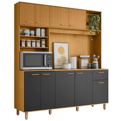 Cozinha Compacta Poliman Nuria com 9 Portas, 1 Gaveta e 4 Prateleiras - 180cm de largura Freijo e Grafite