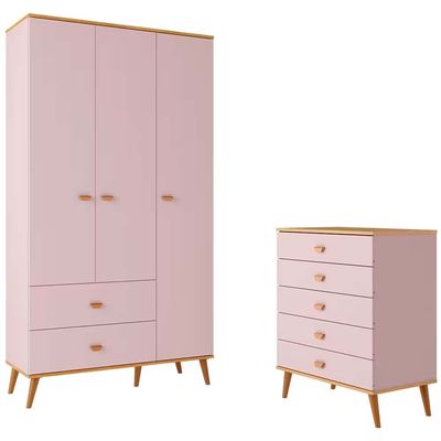 Guarda Roupa Infantil Ternura com 3 Portas, 2 Gavetas e 5 Nichos Bartira Rosa Wood
