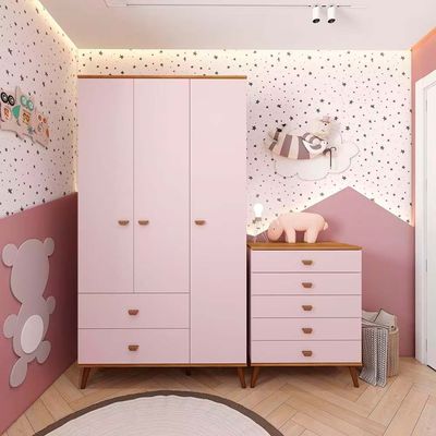 Guarda Roupa Infantil Ternura com 3 Portas, 2 Gavetas e 5 Nichos Bartira Rosa Wood