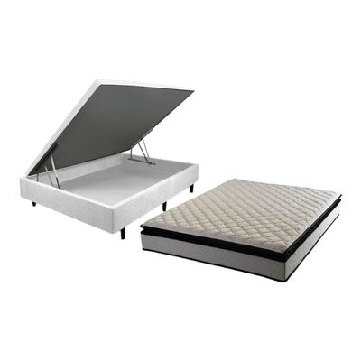 Cama Box Casal MGA Lift com Baú e Pistão a Gás + Colchão Hellen Titanium com Espuma D28 e Pillow Top 24x138x188cm Cinza e Preto