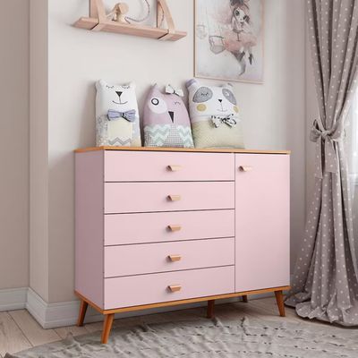 Cômoda Infantil Bartira Ternura com 5 Gavetas e 1 Porta com 106,8 cm de Largura Rosa Wood