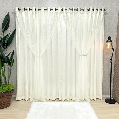 Cortina Aurora Cetim Amassado Tule Pérolas 3,00x2,50m Sala Quarto Varão 3M - Palha