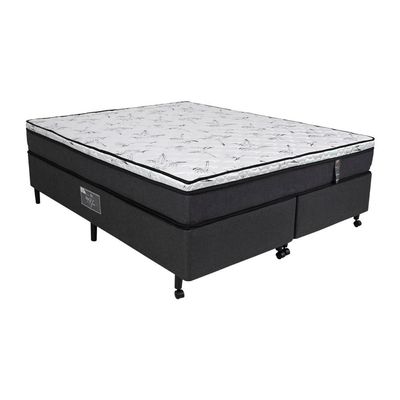 Cama Box Queen Size Castor New Alfa One em tecido Poliéster + Colchão com Molejo Tecnopedic, Euro Pillow em Malha 24x158x198cm Cinza com Branco