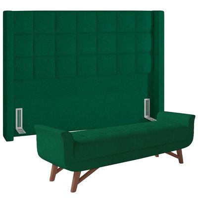 Kit Cabeceira Cama Box Paris 195 cm com Puff Recamier Itália P05 Bouclê Verde - Lyam Decor