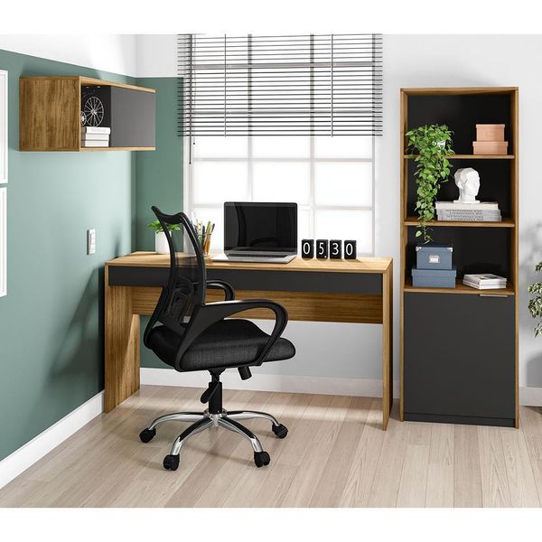 Mesa Caemmun Recta com Armário Alto Nicho e Cadeira de Escritório Cosco Home Willet Giratória com Regulagem de Altura n/a