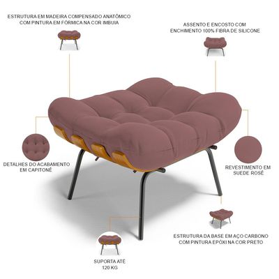 Puff Decorativo Sala de Estar Costela L02 Suede Rosê - Lyam Decor