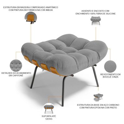Puff Decorativo Sala de Estar Costela L02 Bouclê Cinza - Lyam Decor