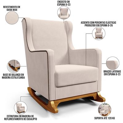 Poltrona de Amamentação com Balanço Mavie L02 Suede Bege - Lyam Decor