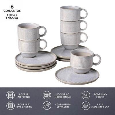 Conjunto de Xícaras de Chá Empilháveis com Pires Porto Brasil Latte 230 ml Bege