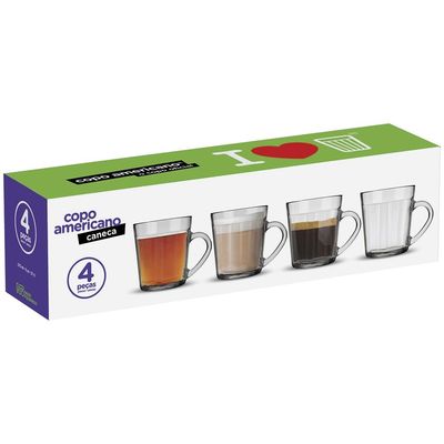 Conjunto de Canecas Copo Americano em Vidro 270 ml 4 Peças Transparente