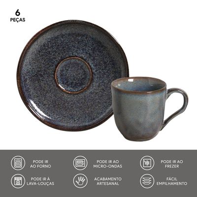 Conjunto de Xícaras de Café com Pires Porto Brasil Bio Titanium 6 peças - 120 ml Azul