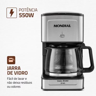 Cafeteira Elétrica Mondial Dolce Arome Vidro C-43-20X-SI 20 Xícaras 550W Preto com Inox / 110V