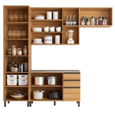 Cozinha Compacta Cristal 8 Portas 3 Gavetas 9 Prateleiras Bartira Lâmina Mel