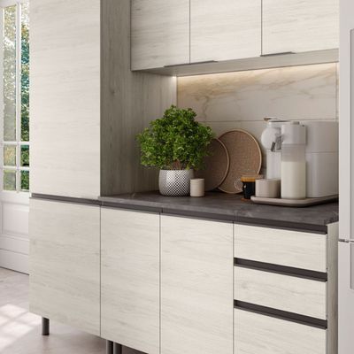 Cozinha Compacta Cristal 8 Portas 3 Gavetas 9 Prateleiras Bartira Lâmina Mel/Nude