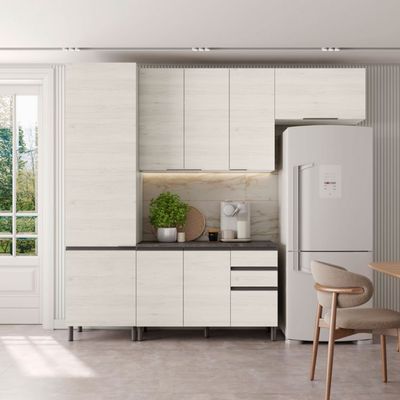 Cozinha Compacta Cristal 8 Portas 3 Gavetas 9 Prateleiras Bartira Lâmina Mel/Nude