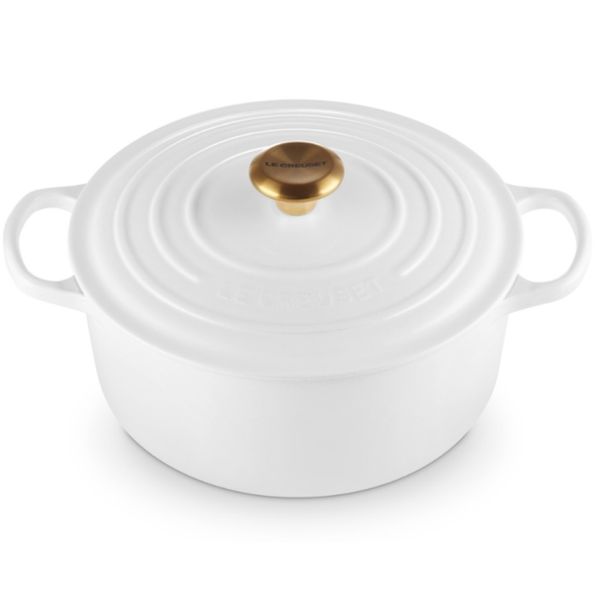 PANELA LE CREUSET REDONDA SIGNATURE PUXADOR DOURADO FERRO ESMALTADO 26CM BRANCO 21177260101441