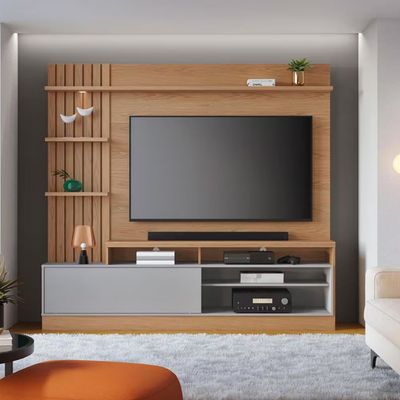Painel Home Colibri Maceió com 4 Prateleiras, 4 Nichos, para TVs até 65 Freijó/Cinza Fosco