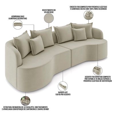 Sofá 3 Lugares Orgânico Sala De Estar Living 250cm Ekos K01 Veludo Bege - Lyam Decor