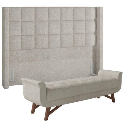 Kit Cabeceira Cama Box Paris 140 cm com Puff Recamier Itália P05 Bouclê Creme - Lyam Decor
