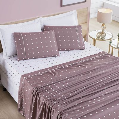 Jogo de Cama Lençol Celine Solteiro 03 Peças Micropercal 200 Fios Bolinhas - Rosê