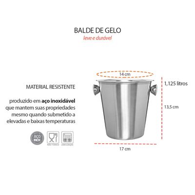 Balde de Gelo com Alça Pequeno Aço Inoxidavel 1,1L
