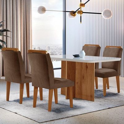 Sala De Jantar Mesa 120cm Mdf Vidro Canto Copo 4 Cadeiras