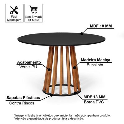 Mesa De Jantar Redonda 4 Lugares 90cm Em Mdf E Madeira Maciça Tália Preta - Straub Web