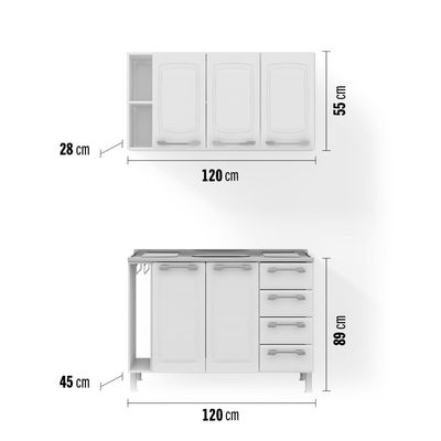 Cozinha Modulada Itatiaia Diamante com 2 peças, 5 portas e 4 gavetas - 120 cm de largura Branco